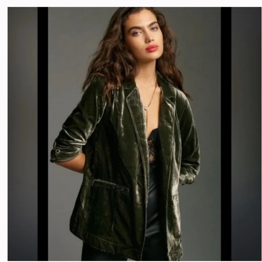 Anthropologie Velvet Blazer in Olive Green